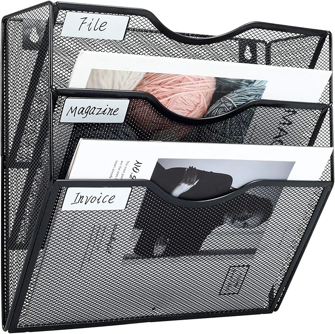 PAG Hanging Wall File Holder Mail Organizer Wall Mount Document Letter Rack, 3-Tier, Black