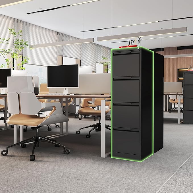 4-Drawer File Cabinet with Lock,Metal Vertical Filing Cabinets for Home Office,Under Desk File Cabinets for Letter/Legal/A4 Size Files,Easy Assemble,Black