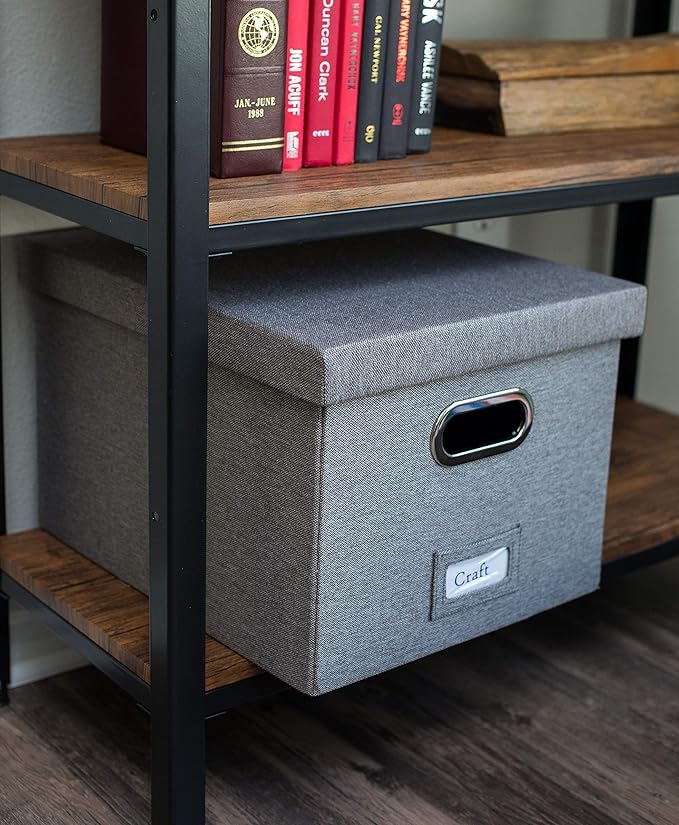 Internet's Best Collapsible File Box Storage Organizer with Lid - Decorative Linen Filing & Storage Office Boxes – Hanging Letter/Legal Folder – Home Office Bins Cabinet – Grey Container - 1 Pack