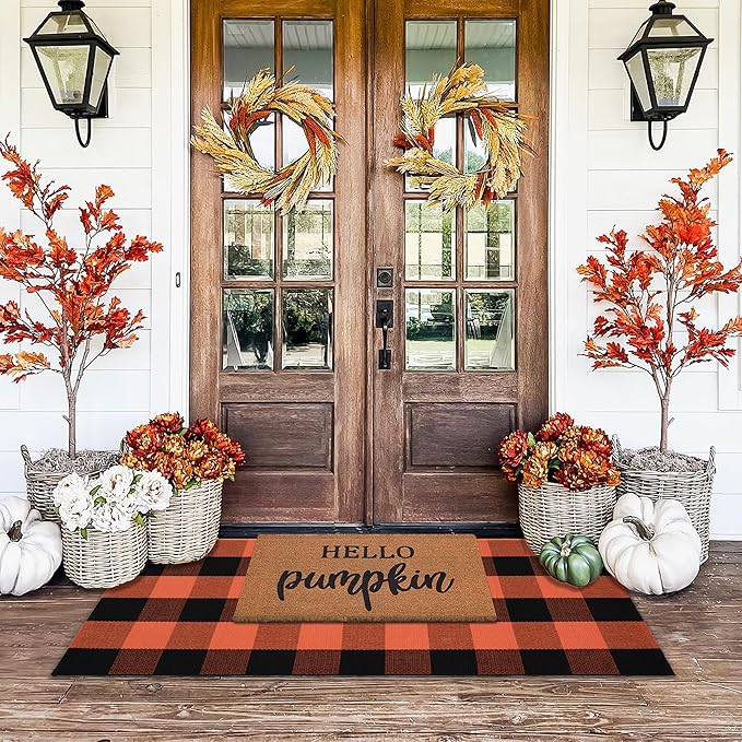 Orange and Black Plaid Rug, 24'' x 51'' Fall Outdoor Front Door Decor Mat, Cotton Washable Hand-Woven Rug for Layered Doormat, Autumn Halloween Thanksgiving Carpet for Porch, Entryway