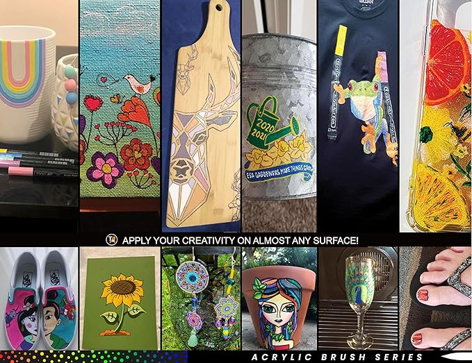 24 Flexible Brush Tip Acrylic Paint Pens Markers Set 1-7mm Line for Rock Painting, Brush Lettering, Glass, Mugs, Wood, Metal, Canvas, Fabric, Plastic Non Toxic Waterbased Quick Drying Assorted Pastel