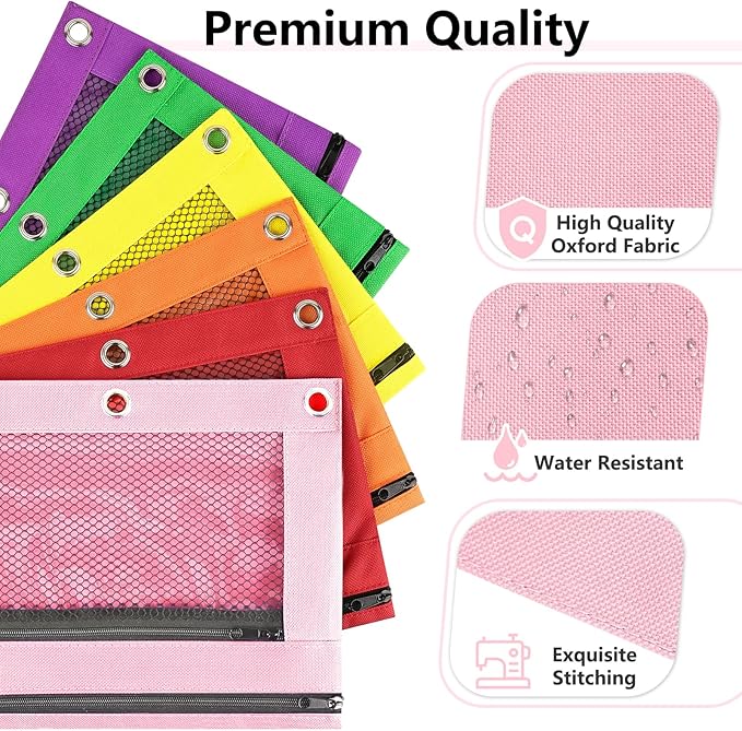 Forvencer Pencil Pouch for 3 Ring Binder, Large Capacity Pencil Pouches with Zipper, Soft Fabric Pencil Bag, Clear Pencil Case with 3 Hole, Portable Office Stationery School College Organizer, Pink