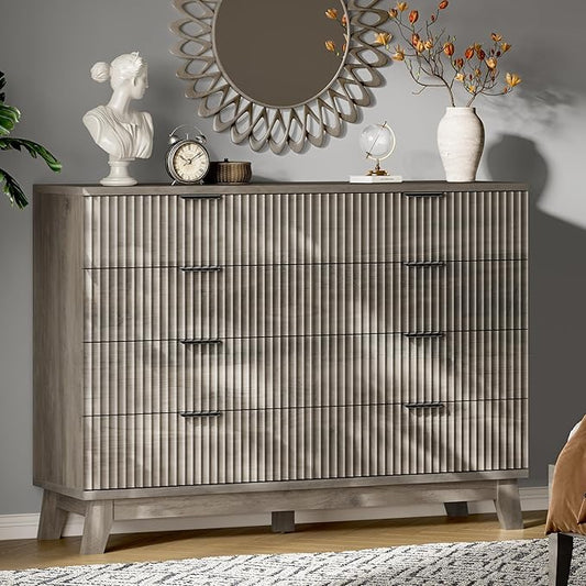 Fluted Dresser with 8 Drawers, 54" Wide Wood Chest of Drawers with Metal Handle, Wooden Dresser TV Stand, Modern Closet Clothes Storage Organizer for Bedroom, Living Room, Hallway, Light Grey
