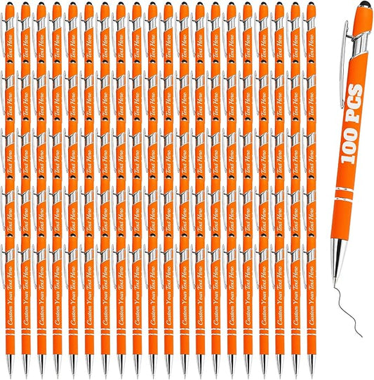 Personalized Pens Bulk 100 with Name Custom Engraving Ballpoint Pens with Stylus Tip Customized Smooth Writing Pens Personalized Gifts for Anniversary Birthday or Graduation(Orange,Black Ink)