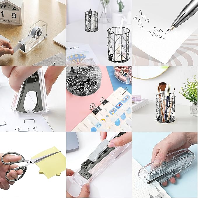 Office Desk Accessories，Office Supplies Set Acrylic Stapler Set Staple Remover, Tape Holder, Pen Holder, 2 Ballpoint Pen, Scissor, Binder Clips, Paper Clips and 1000pcs Staples(Black)