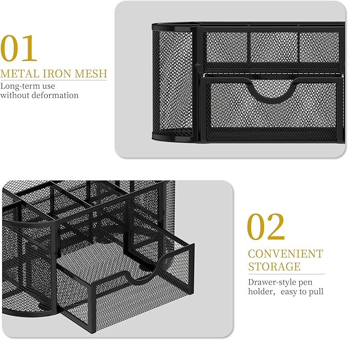 SUPEASY Mesh Desk Organizer, Desk Accessories & Workspace Organizers with Drawers, Pencil Holder for Desk with 9 Compartments for Office Supplies, 8.6 x 4.3 x 4.1 Inch, Black