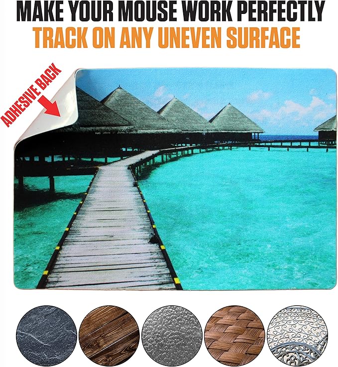 Mouse Pad Adhesive Bottom - Sticks to Any Surface - Portable - Webcam Covers and Screen Cleaner Included (Beach)