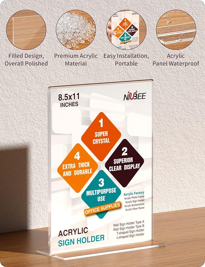 NIUBEE 3 Pack Acrylic Sign Holder 8.5 x 11 - T Shape Double Sided Table Top Display Stand, Portrait Upright Photo Picture Frame Wedding Menu Ad Holder