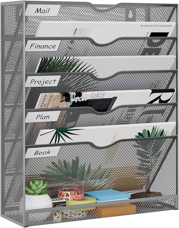EasyPAG 5-Tier Wall File Holder, Mesh Hanging Folder Organizer with Classify Label, Versatile Desk File Organizer for Office Home, Vertical Wall Mounted Mail Sorter, Sides Closed, Silver