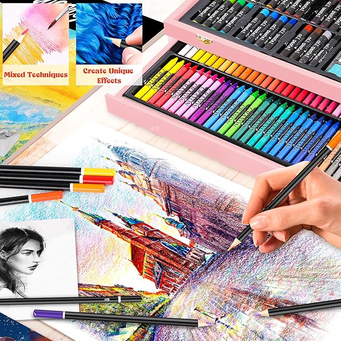 Caliart Art Supplies, 153-Pack Deluxe Art Set in Wooden Case, Crafts Drawing Painting Kits with 2 A4 Sketch Pads, Coloring Book, Stocking Stuffers Christmas Gifts for Teens Girls Kids Artists