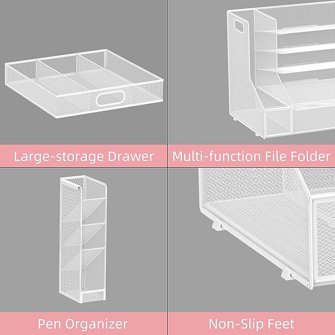 SUPEASY Desk Organizer with File Holder, 5-Tier Mesh Paper Letter Tray and 3 Tilted File Sorter for Office Supplies, White