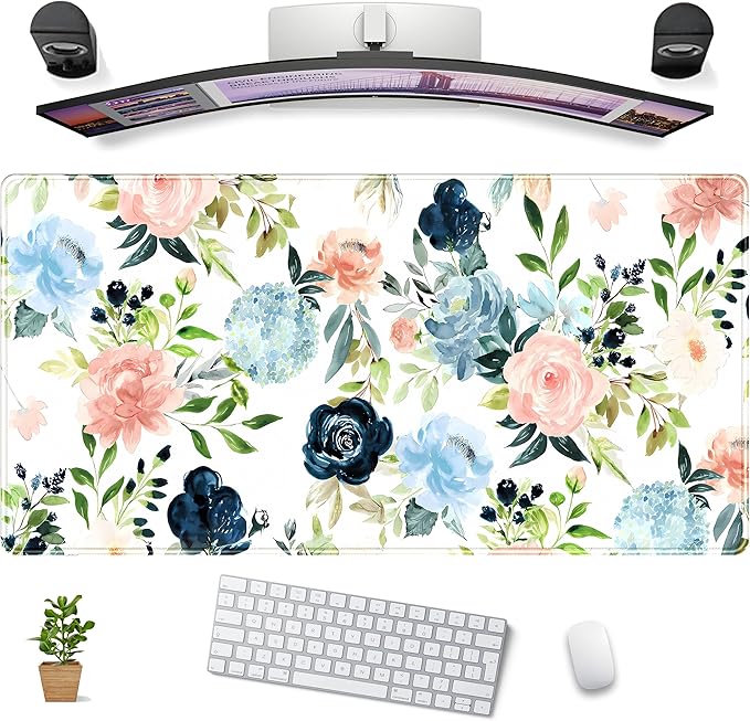 Pink Blue Floral Desk Mat Mousepad Cute Flowers Mouse Pad Gaming XL Large Extended Desk Pad Desk Matt for Desktop, Computer Laptop Keyboard Mouse Mat for Women Office Decor Accessories 31.5x15.7 in