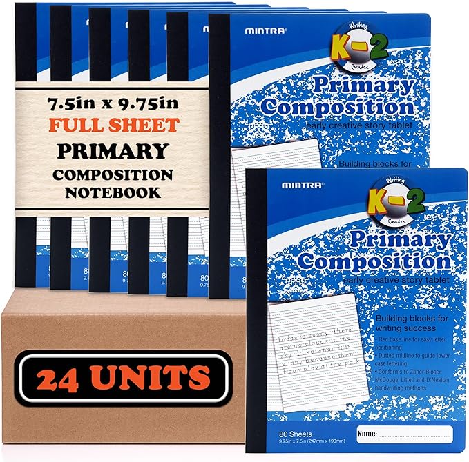 Mintra Primary Composition Notebook, 24 units 6-4 Pack, Blue Cover, 80 Sheets, 7.5in x 9.75in, Full Sheet, Ruled with Drawing Area, Flexible Hardcover Journal, Grades K-2, School & Home Use