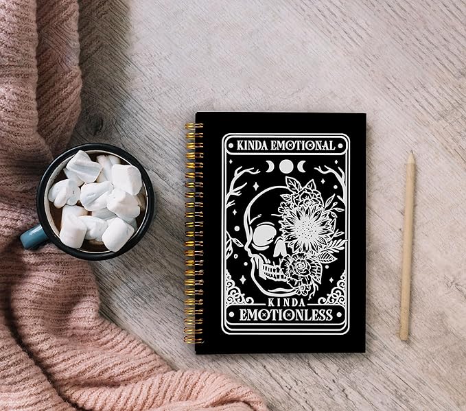 Floral Skull Notebook, Goth Gothic Notebook Journal, Witchy Journal, Goth Office Supplies, Spiral Notebook 5.5x8.3, Kinda Emotion Kinds Emotionless