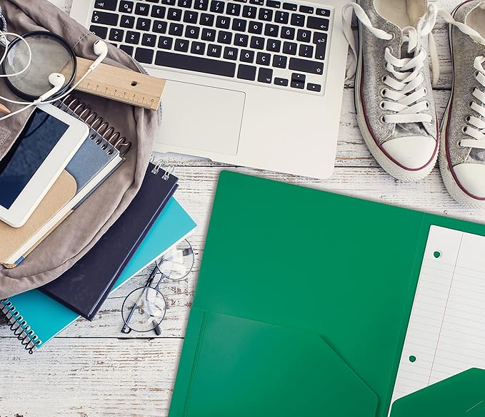 Better Office Products Heavyweight Plastic 2 Pocket Portfolio Folder, Letter Size Poly Folders 24 Pack (Green)