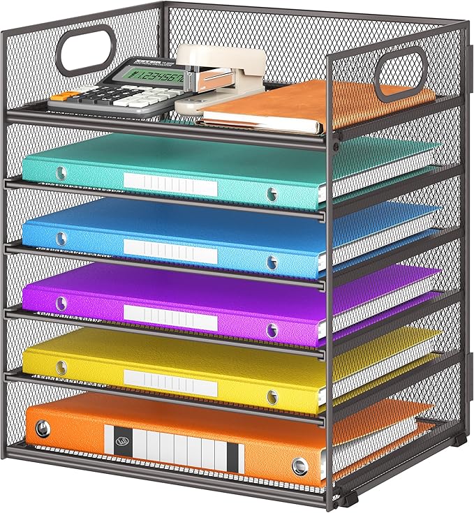 6 Tiers Letter Tray Paper Organizer With Handle, Mesh Desk File Organizer, Metal Desktop Document Shelf, Paper Sorter for Office, Home or School File Folder Holder - Grey