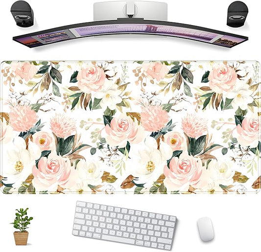 Desk Mat Pink Floral Desk Pad Cute Flowers Mouse Pad Gaming XL Large Mousepad Green Leaves Desk Matt for Desktop, Computer Laptop Keyboard Mouse Mat for Women Office Decor Accessories 31.5x15.7 in