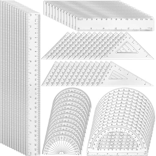 Tenare 72 Pcs Plastic Clear Math Set Includes Protractor Triangle Rulers 12 Inch 6 Inch Straight Geometry Math Transparent Ruler Measuring Tool for School Office Home Supplies