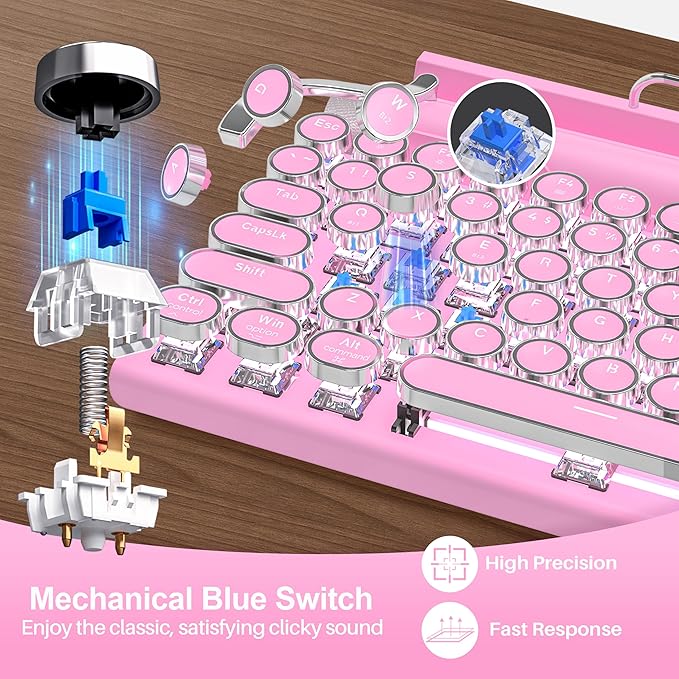 Retro Typewriter Wireless Mechanical Gaming Keyboard, Bluetooth 5.0 Office Computer Vintage Keyboards 83-Key Blue Switches Punk Round Keycap, LED Backlight, Compatible with PC/Laptop/Pad/Phone, Pink