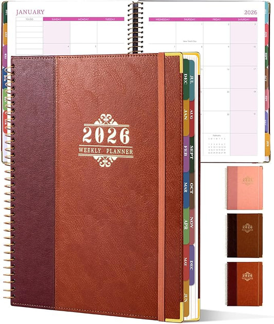2026 Planner, Weekly and Monthly Calendar Planner Book,Dec 2025 - Dec 2026, Leather Hardcover Spiral Planner with Monthly Tabs, Notes Pages, Perfect for Women & Men, A4 (9.6" x 11.2") - Rust Brown