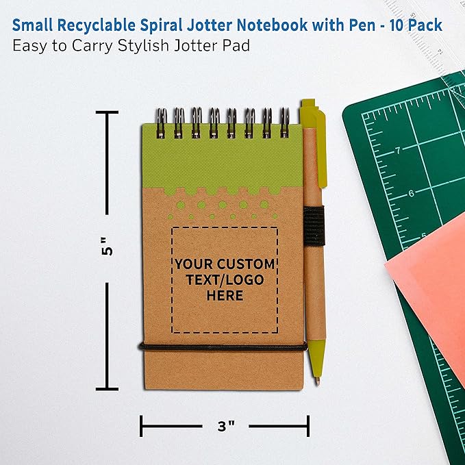 DISCOUNT PROMOS 10 Recyclable Spiral Small Notebooks Pack - Customizable Text, Logo - 60 Lined Pages - Lime Green