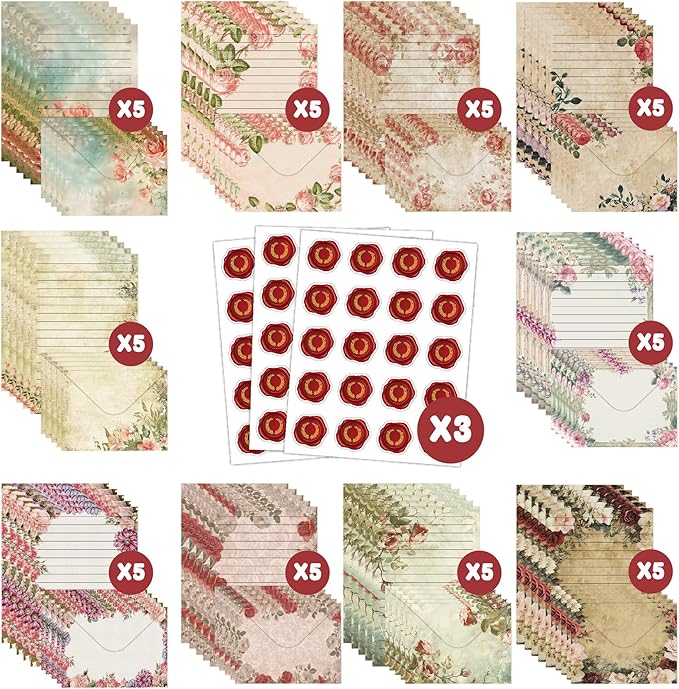 160 Packs Stationery Paper and Envelopes Set 10 Different Designs, 50 One Sided Stationery Writing Papers with 50 Matching Envelopes and 60 Round Dot Sticker, 5.5 x 8.25 Inch (VintageFlower)