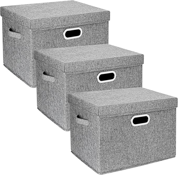 TYEERS Large Storage Bins with Lids, Collapsible, Washable, Fabric Storage Boxes for Organizing, 17.3x11.8x11.4 inches, 3 Pack, Gray