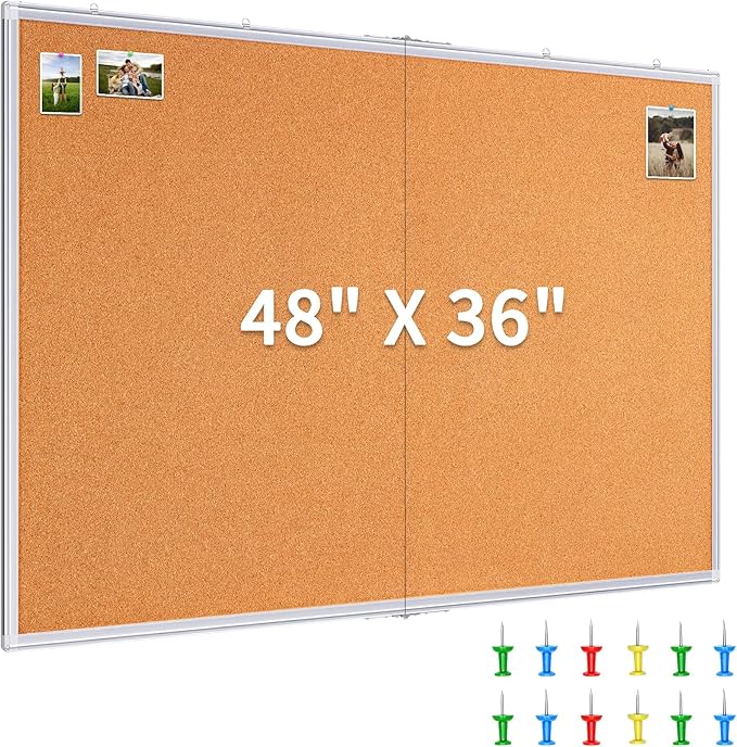 maxtek Large Cork Board 48 x 36 in, Bulletin Board for Walls, 4'x 3' Extra Aluminum Framed Corkboard, Foldable Wall Mounted Pin Memo Notice Cork Board for Office, Home Wall Display
