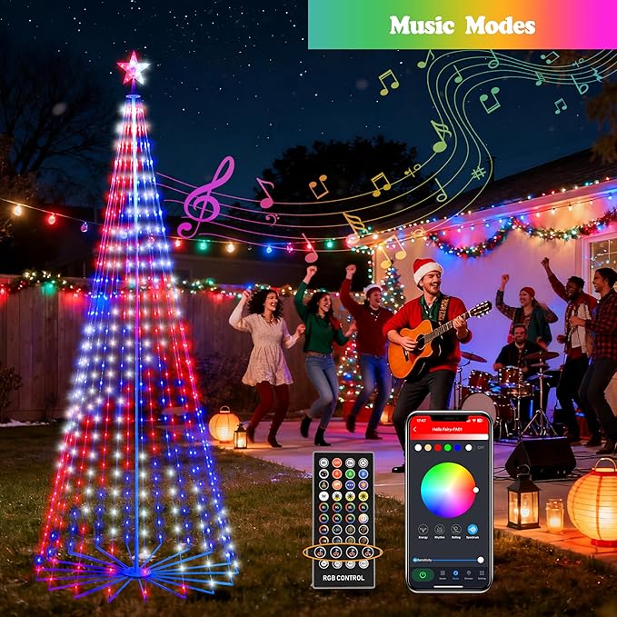 10FT Lighted Outdoor Christmas Tree, 514 LED Smart Cone Tree, Music Sync RGB Fairy Lights, LED Light Show, APP and Remote Control, Timer Function, Perfect for Outdoor Christmas Decorations