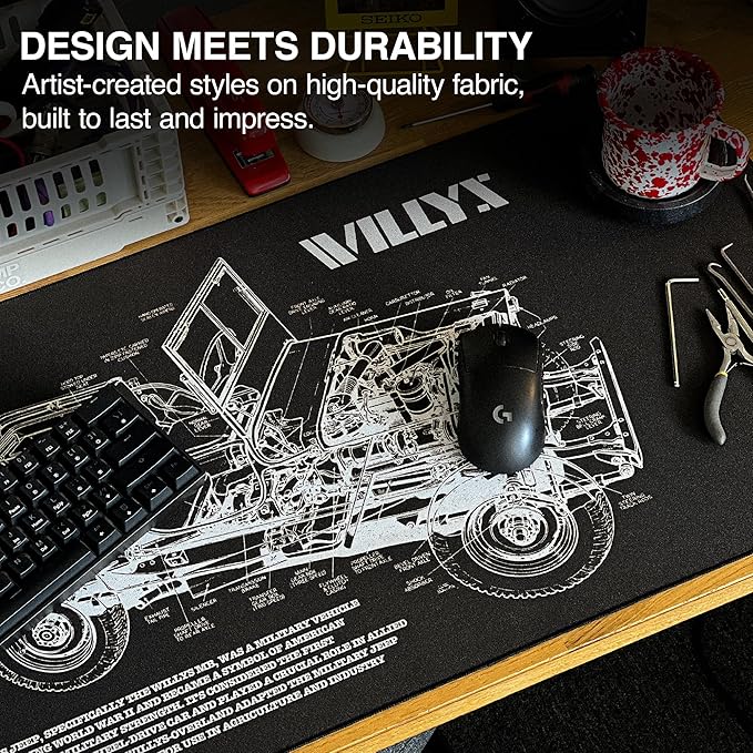MPCO. Blueprints Large Gaming Desk Pad - 36" x 17" Aeroglyde Fabric Willys Jeep – Black Desk Mats - Non-Slip, Washable, Smooth Glide for Precision Gaming & Work