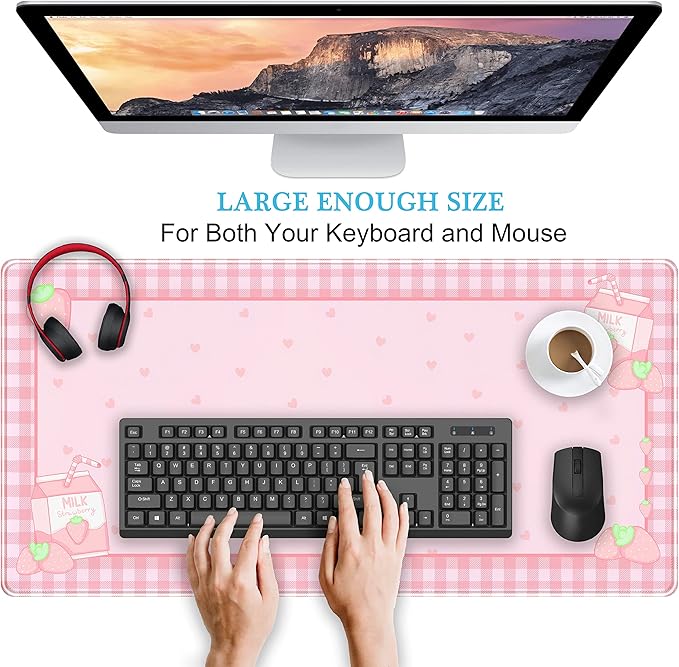 Cute Pink Plaid Desk Mats Strawberry Milk Gaming Desk Pad, Kawaii Extended Mouse Pad Kawaii Large Keyboard Mats XXL, Laptop Mat for Desk, Desktop Mat Mousepad Office Decor for Women 31.5"x15.75"