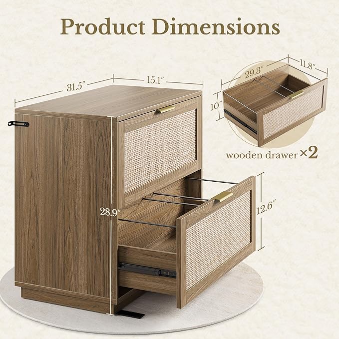 2 Drawer Rattan File Cabinet, 32'' Lateral File Cabinet for Legal/Letter/A4/F4 Size Hanging Files, Wood File Storage for Home Office, Natural Oak