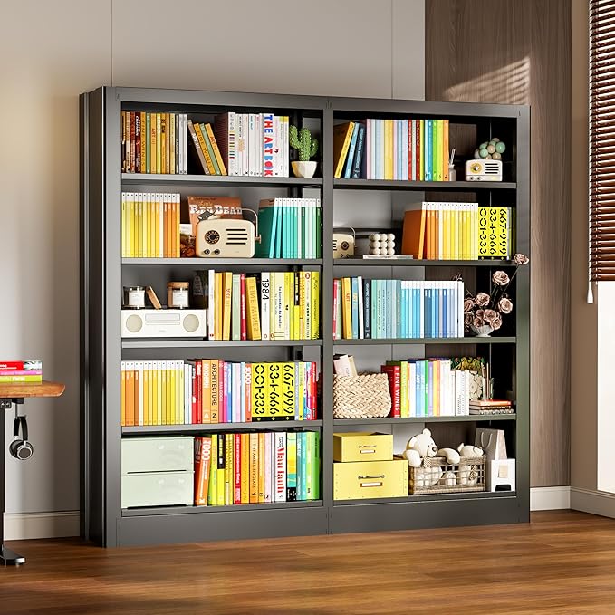 5-Tier Bookcase with Adjustable Storage Shelves, Metal Bookshelf with Book Stopper, Bookcase Shelf for Library, Office, Living Room (Black-2)