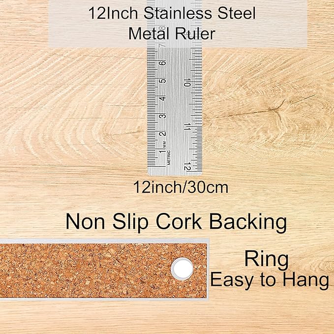 Metal Ruler 12 Inch:[2 Pieces 12 Inch] Non-Slip Cork Backing Rulers with Inch and Centimeters Prevent Ink Leakage:for School Office Drawing Engineering