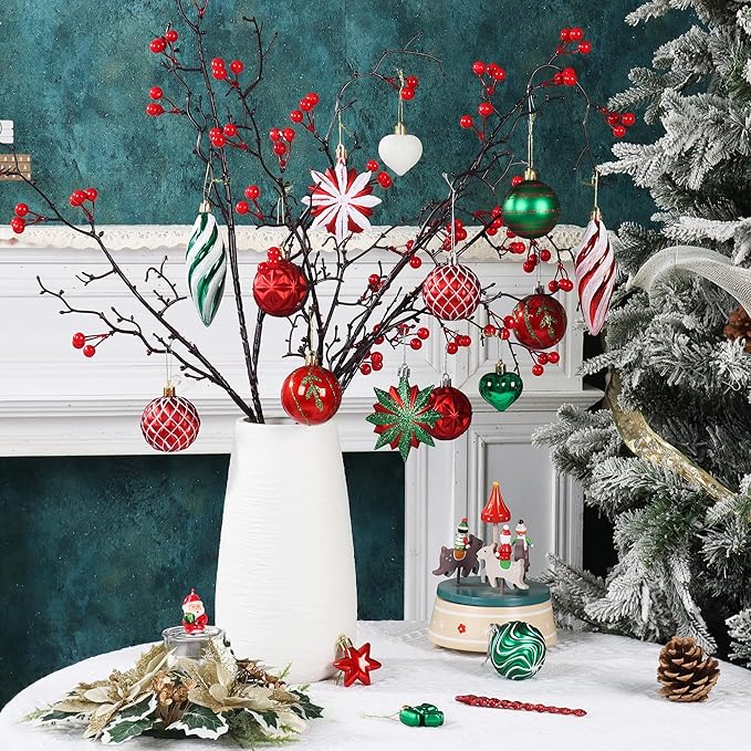 Red Green White Christmas Ornaments Set, 82Pcs Shatterproof Medium Christmas Ball Ornaments, Christmas Decorations Hanging Ornaments for Xmas Trees, Holiday, Party Decor (Red & Green & White)