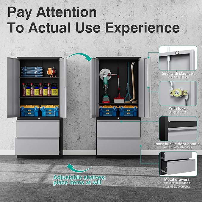 SISESOL Metal Storage Cabinet with Drawers, 71" File Cabinets for Home Office, Locking Steel Storage Cabinet with Doors and Shelves for Home, Office, Warehouse, Garage, School (Gray, 2 Drawers)