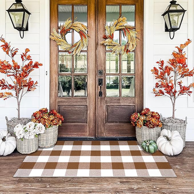 Buffalo Plaid Outdoor Rugs, 24'' x 51'' Coffe and White Checkered Area Rug, Layering Rug for Hello/Welcome Door Mat, Washable Cotton Woven Farmhouse Mat for Front Porch Décor