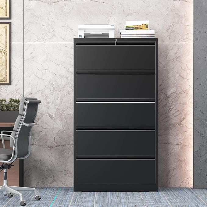 5 Drawer Lateral File Cabinet with Lock, Metal File Cabinet, Lateral File Cabinets for Home Office, Heavy Duty File Storage Cabinet for Legal/Letter/A4 Document, Assembly Required, Black