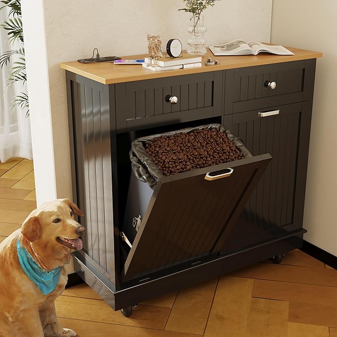 20 Gallon Tilt Out Trash Cabinet, Wooden Kitchen Trash Can Cabinet with Hideaway Drawer, Freestanding Laundry Hamper Garbage Recycling Cabinet on Wheels, Pet Proof, Double, Black