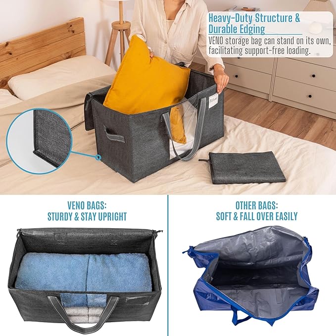 VENO 6 Pack Moving Bags, Comforter and Blanket Storage Bags for Closet, Moving Boxes, Boxes with Lids Alternative, College Dorm Packing Supplies, Foldable Heavy-Duty Tote with Window (Gray, 6 Pack)