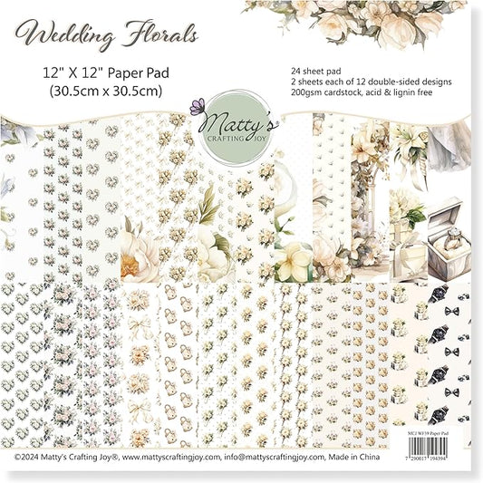 Matty's Crafting Joy Wedding Florals, Double Sided Scrapbook Paper 12x12, Patterned Cardstock 12x12, 24 Sheet Floral Scrapbook Paper Pad, Wedding Scrapbooking Supplies