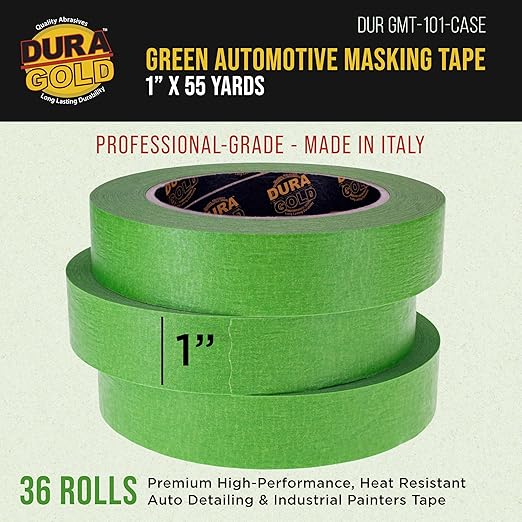 Dura-Gold Green Automotive Masking Tape 1 Inch (24mm x 55 Yards), Case of 36 Rolls - Premium High-Performance, Heat Resistant - Auto Refinish Painting, Car Detailing, Autobody, Painters Tape