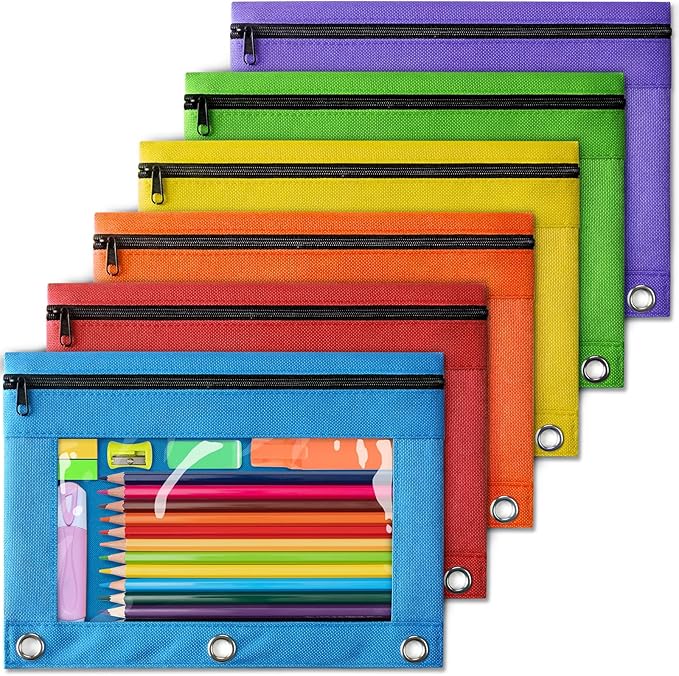Pencil Pouch for 3 Ring Binder, Pencil Pouches with Zipper & Clear Window - 6 Assorted Color, Pencil Case Bulk for 3-Holes Binder, Multi-Purpose Storage Bag for Office, School Supplies (6)