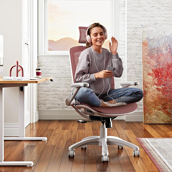 GABRYLLY Ergonomic Office Chair, High Back Home Desk Chair with Headrest, Flip-Up Arms, 90-120° Tilt Lock and Wide Cushion, 400LBS Mesh Chairs for Man Woman, White Task Chair(Red,GY01WR)