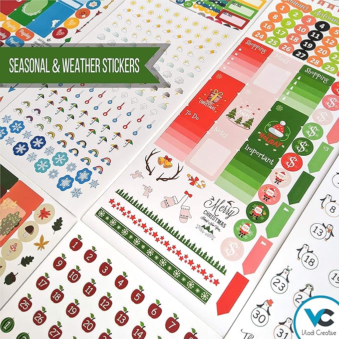 Vladi Creative Cute Colorful Planner Stickers – 1054 pcs / 15 Sheets – Functional & Decorative Icons, Dates, Weather, Flags – Writable Tabs for Bullet Journals, Calendars – Planner Accessories