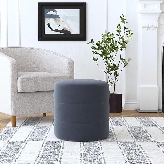 HomePop Upholstered Round Ottoman Home Décor|Foot Rest Ottoman - Steel Blue Velvet