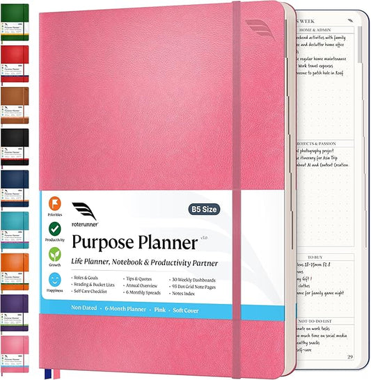 Roterunner 2025 B5 Pink Softcover Purpose Planner Notebook 7.5'x9.8' Undated Planner Daily Weekly Monthly Productivity Goal Setting Tool for Work Home ADHD Adults Self Care Journal
