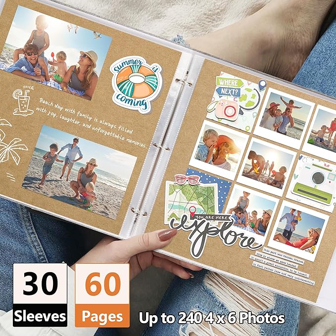 Vienrose Scrapbook Photo Album 12x12 Inch 3 Ring Binder, Linen Cover Large DIY Scrapbooks with 30 Sheets Plastic Sleeves 60 Pages Blank Khaki Inner Pages for Wedding Birthday Travel Baby Photos Grey