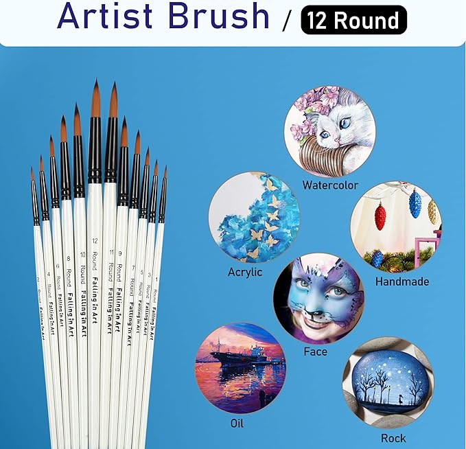 Falling in Art Paint Brushes Set, 12 PCS Nylon Professional Round Paint Brushes for Watercolor, Oil Painting, Acrylic, Face Body Nail Art, Crafts, Rock Painting