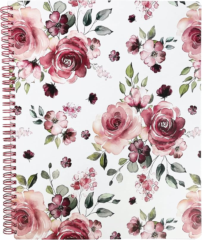 Steel Mill & Co Cute Large Spiral Notebook College Ruled, 11" x 9.5" with Durable Hardcover and 160 Lined Pages, Rose Floral
